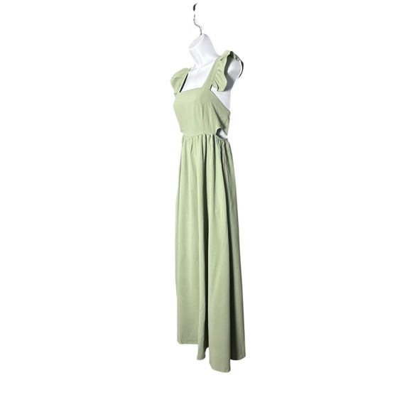 Sage Green Square Neck Ruffle Sleeve Maxi Dress Tie Back Cutout Summer Vacation - Picture 3 of 7